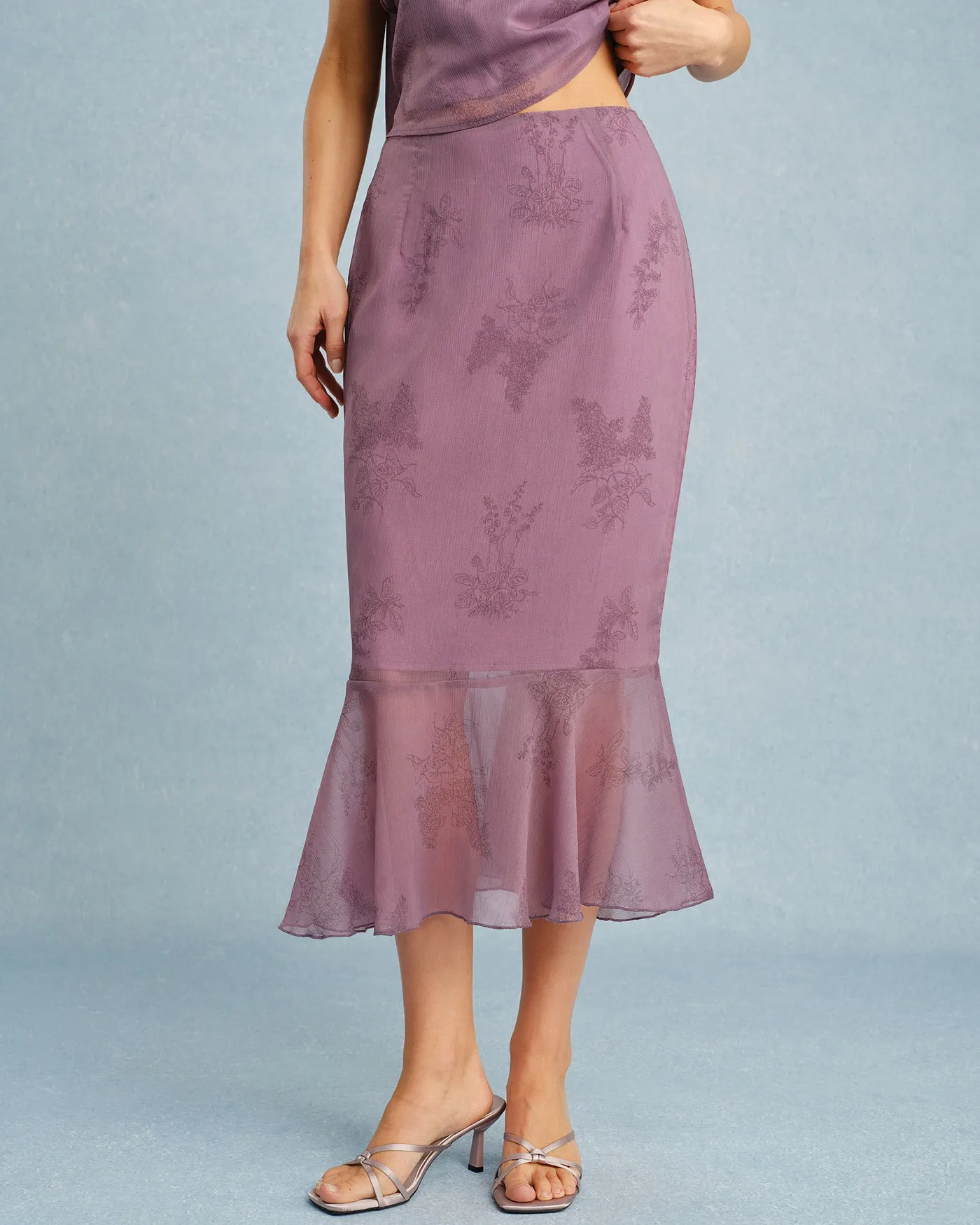 Purple Floral Mermaid Midi Skirt sold by rihoas product image thumbnail 4