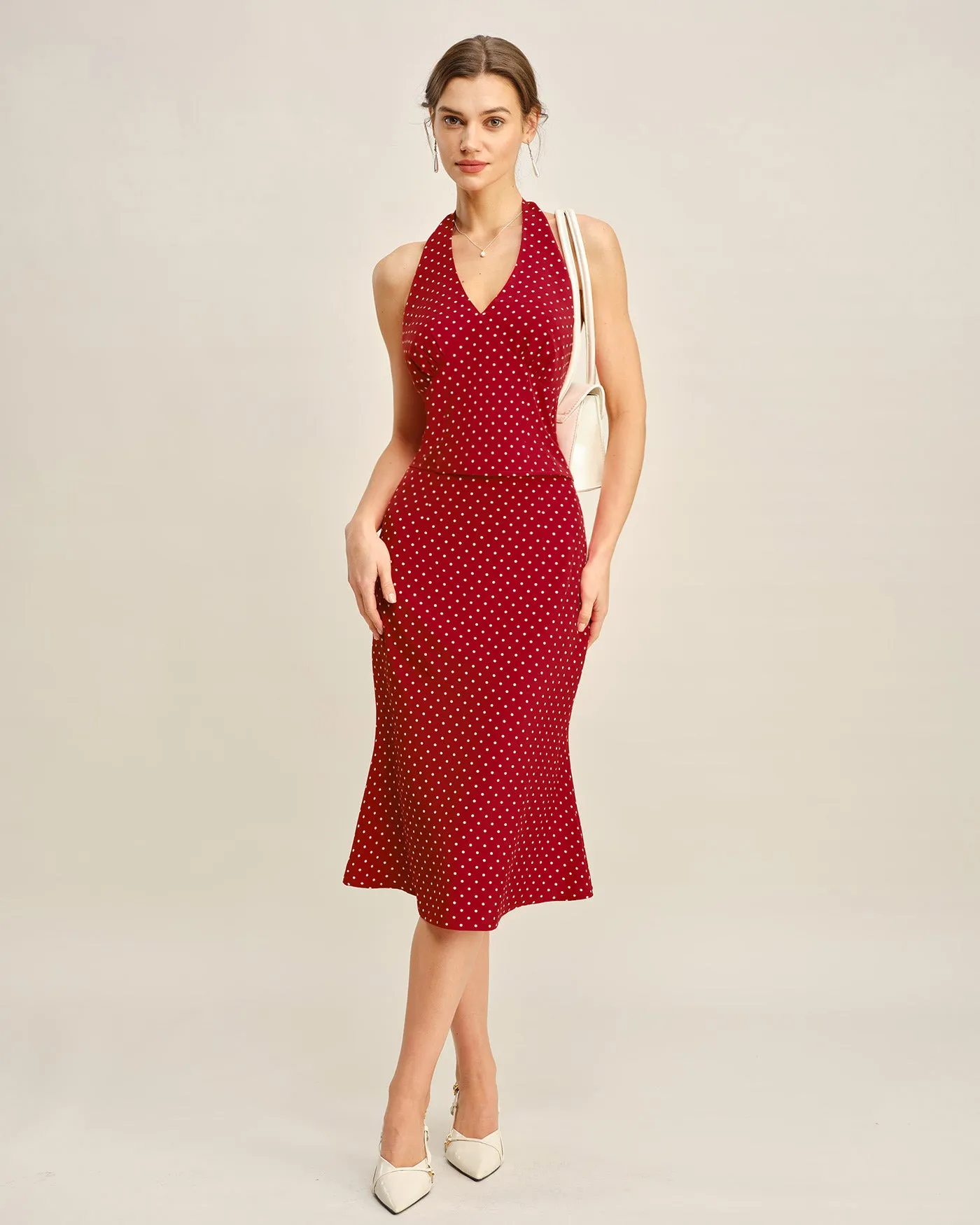 Red Polka Dot Mermaid Midi Skirt sold by rihoas product image thumbnail 4