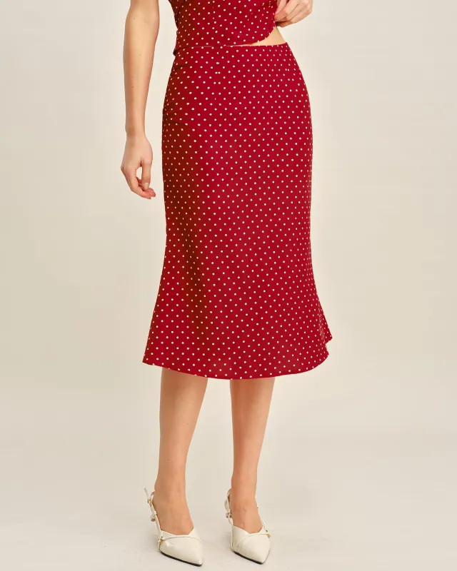 Red Polka Dot Mermaid Midi Skirt sold by rihoas