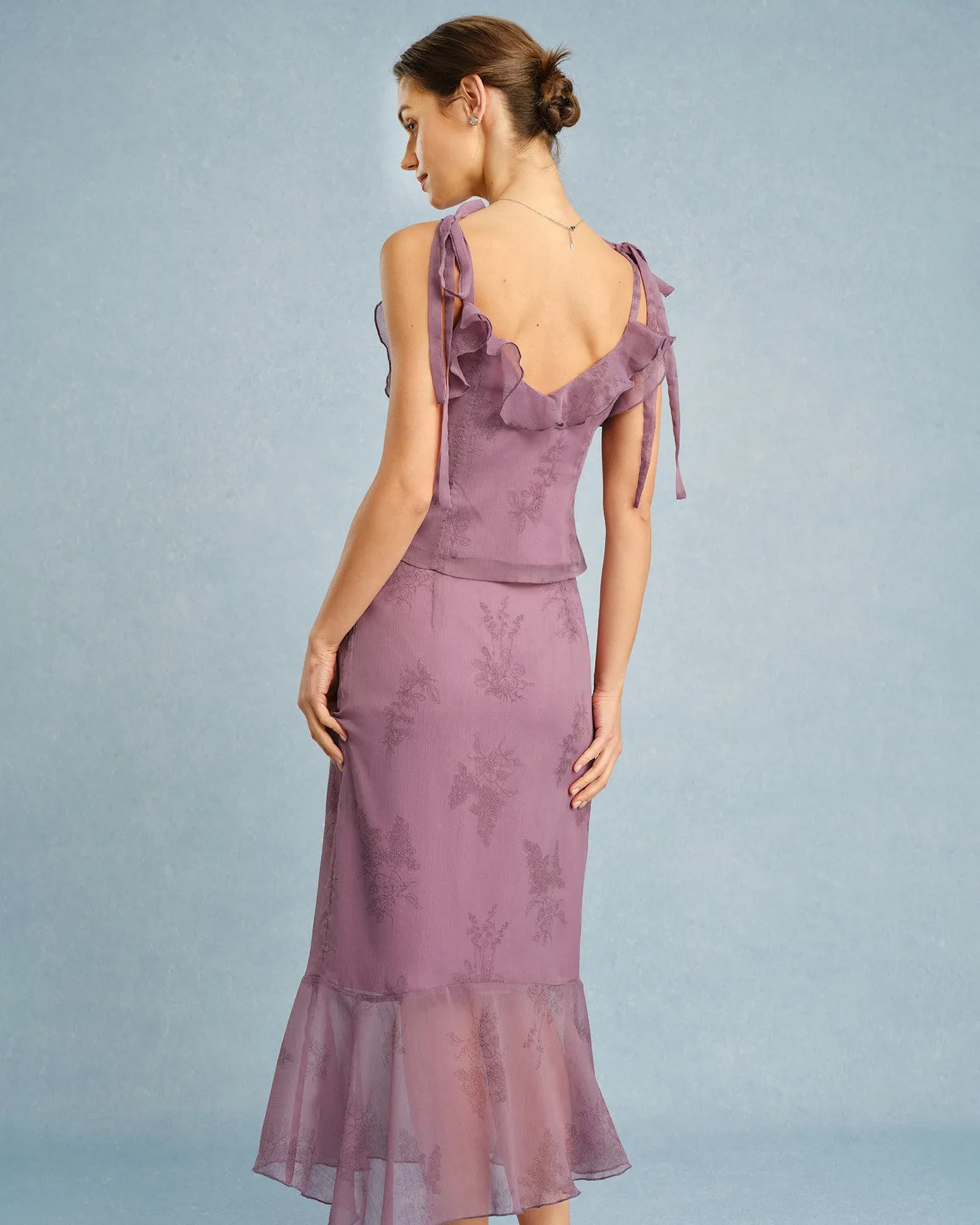 Purple V Neck Floral Ruffle Camis sold by rihoas product image thumbnail 4