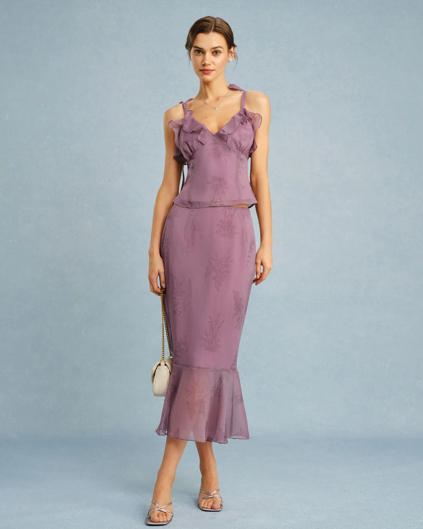 Purple V Neck Floral Ruffle Camis sold by rihoas product image thumbnail 3