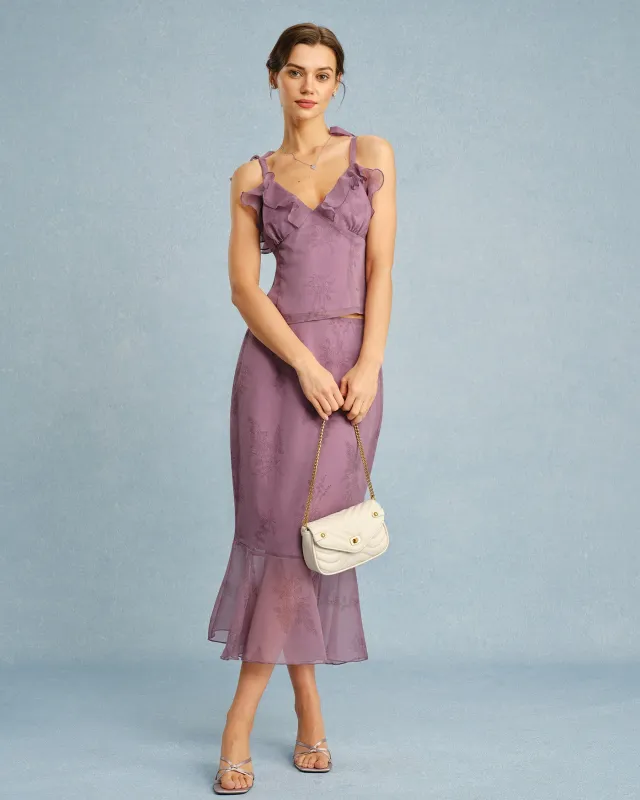 Purple V Neck Floral Ruffle Camis sold by rihoas