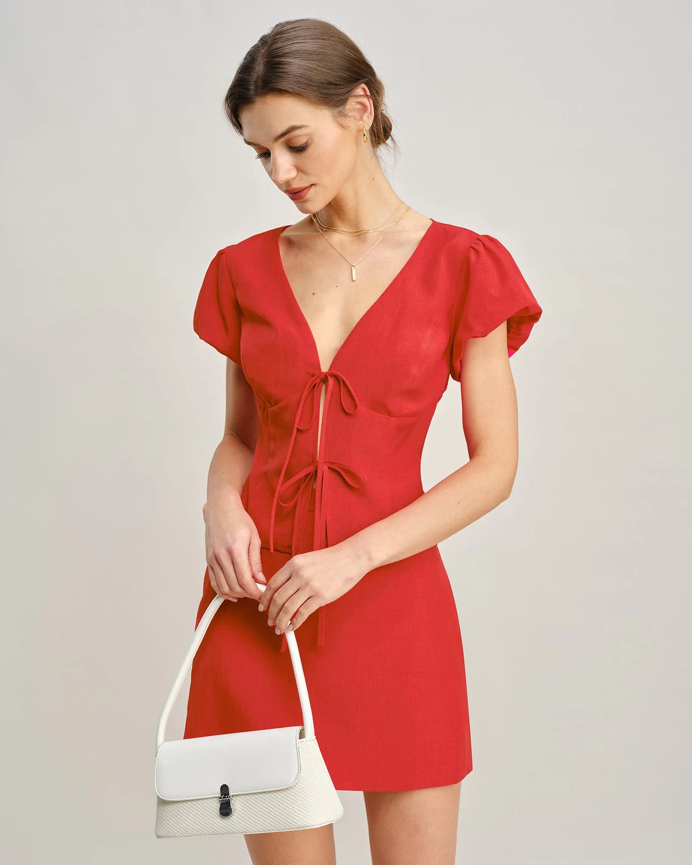 Red V Neck Tie Blouse sold by rihoas product image thumbnail 2