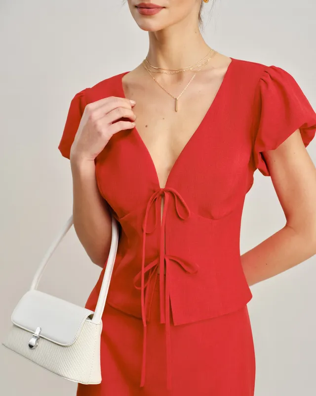 Red V Neck Tie Blouse sold by rihoas