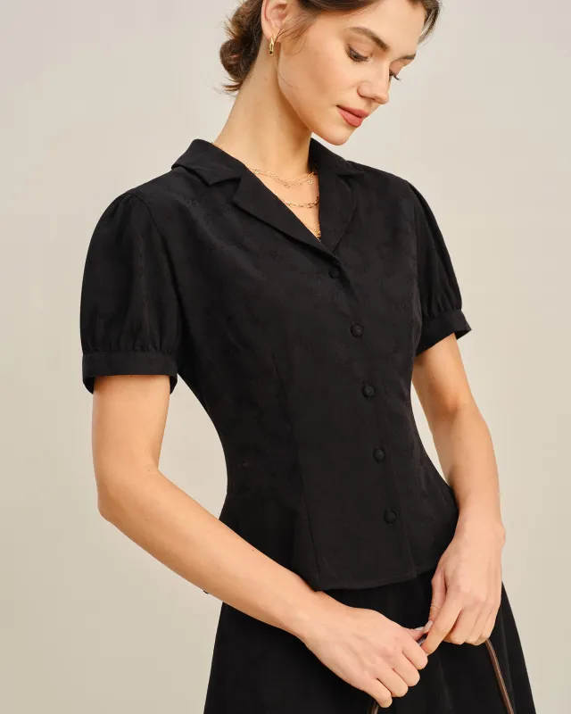 Black Embroidery Collar Button Blouse made by rihoas