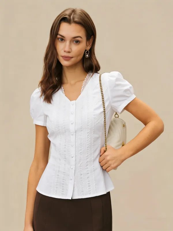 White V Neck Puffed Sleeve Tee sold by rihoas