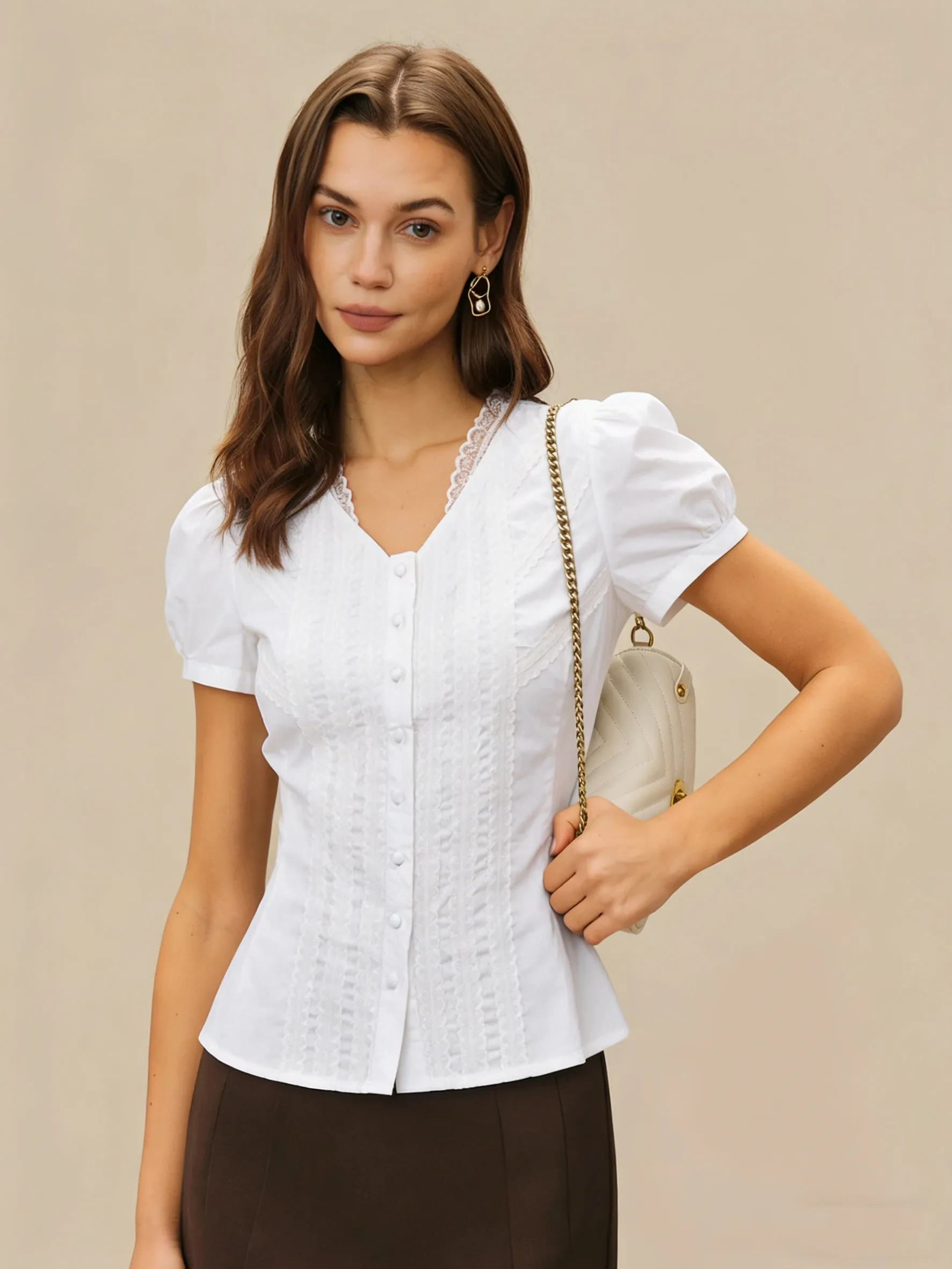 White V Neck Puffed Sleeve Tee sold by rihoas