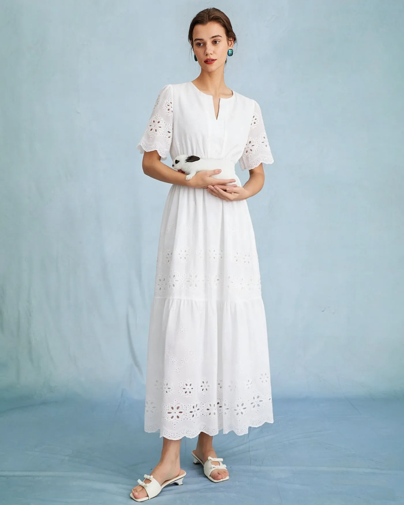 White V Neck Floral Maxi Dress sold by rihoas