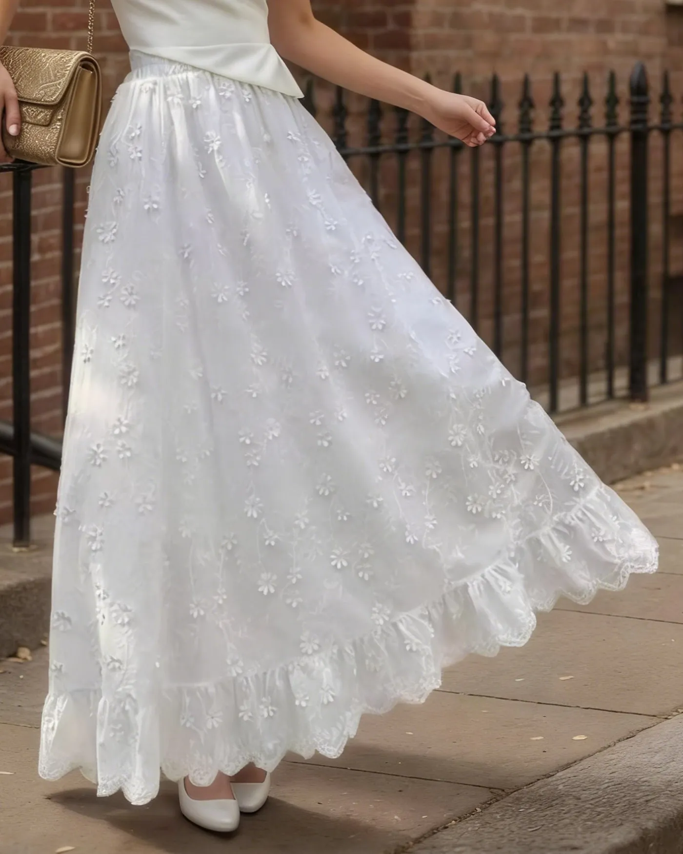 White Floral Elastic Waist Midi Skirt sold by rihoas product image thumbnail 3