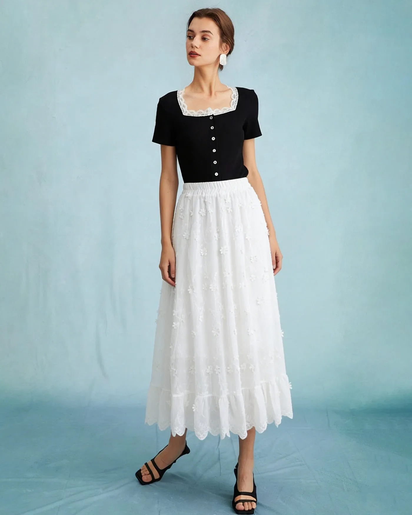 White Floral Elastic Waist Midi Skirt sold by rihoas product image thumbnail 2