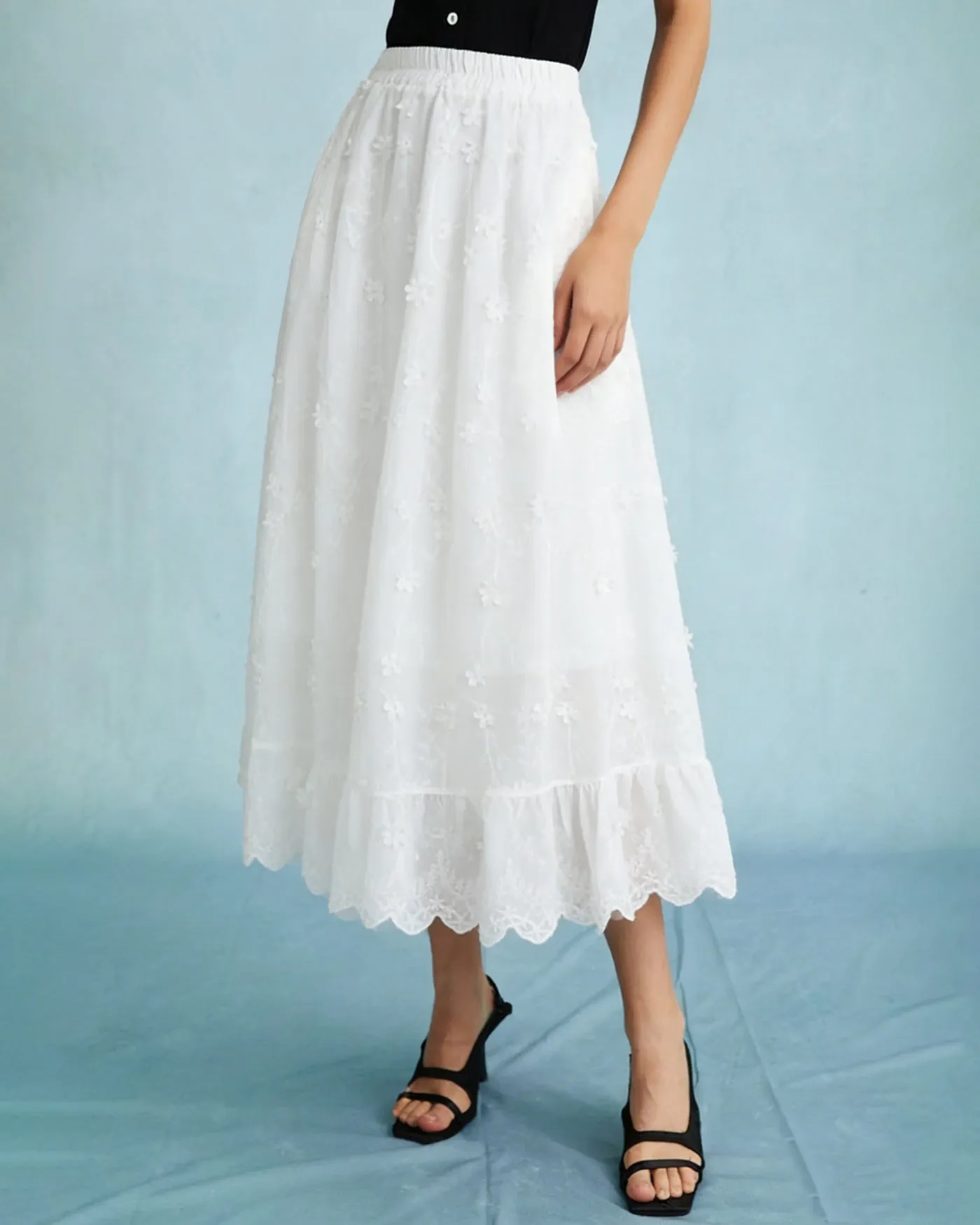 White Floral Elastic Waist Midi Skirt sold by rihoas