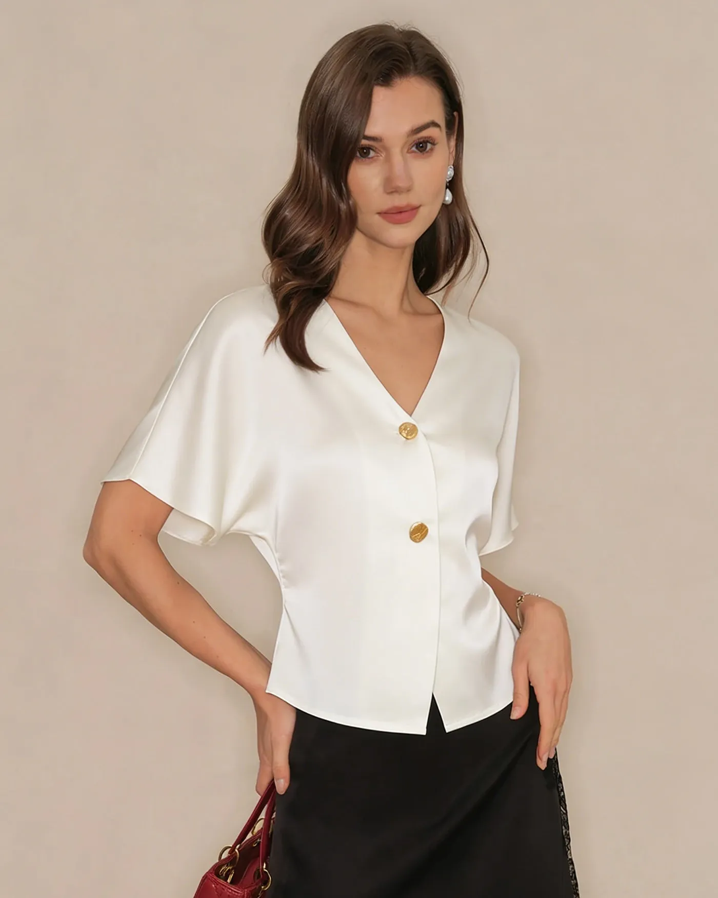 Apricot V Neck Button Tee sold by rihoas