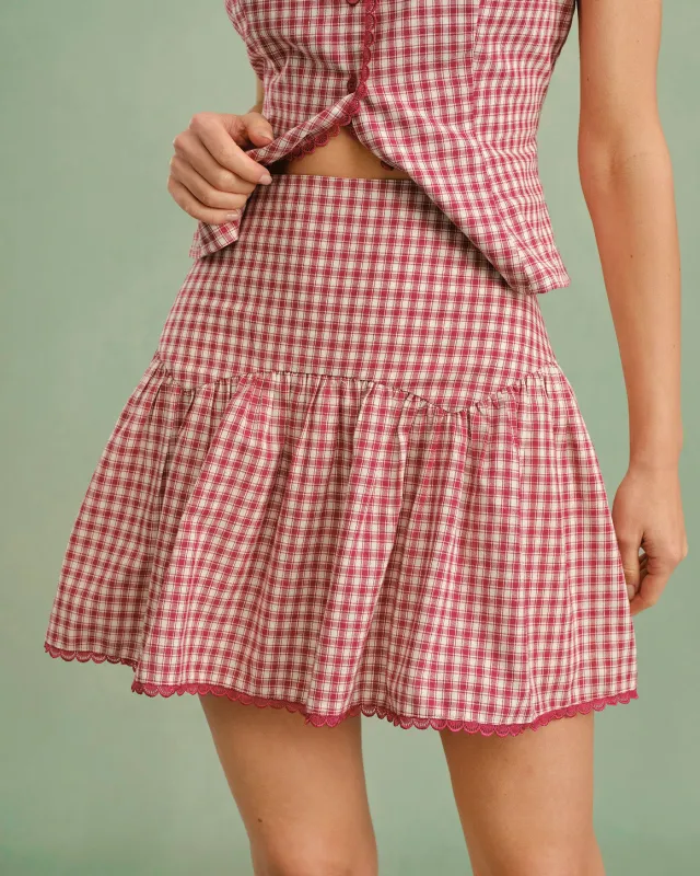 Red Plaid Ruched Mini Skirt sold by rihoas