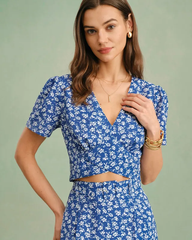 Blue V Neck Floral Tee sold by rihoas