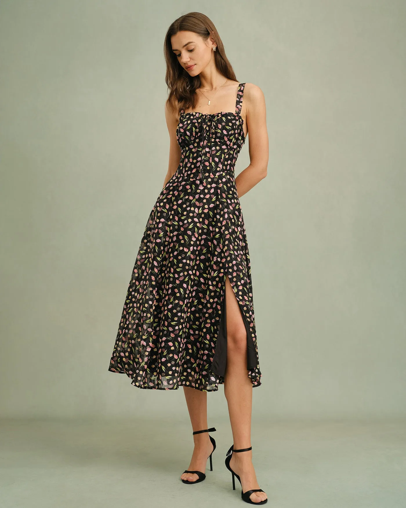Black Floral Zipper Slip Midi Dress sold by rihoas product image thumbnail 5