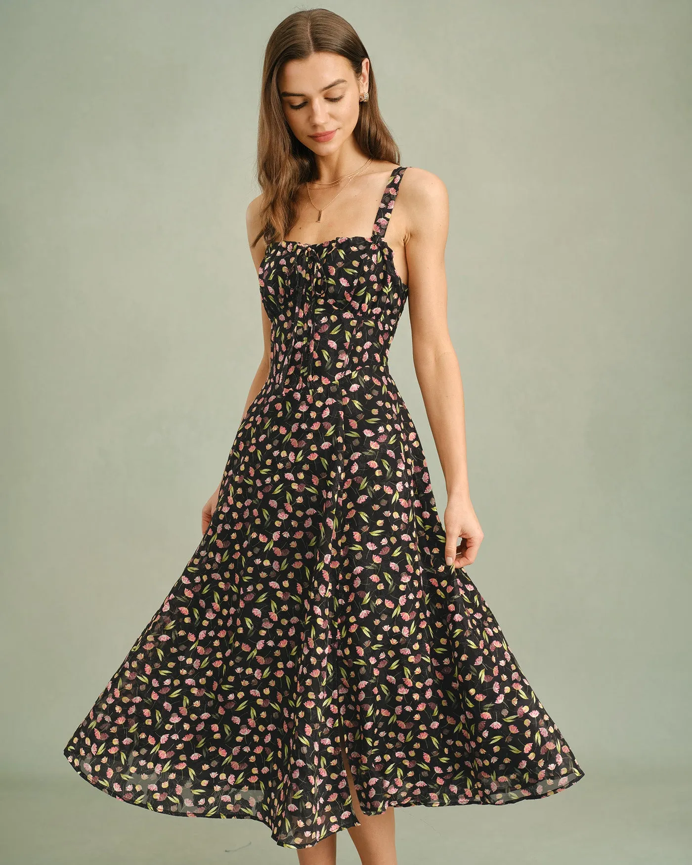 Black Floral Zipper Slip Midi Dress sold by rihoas
