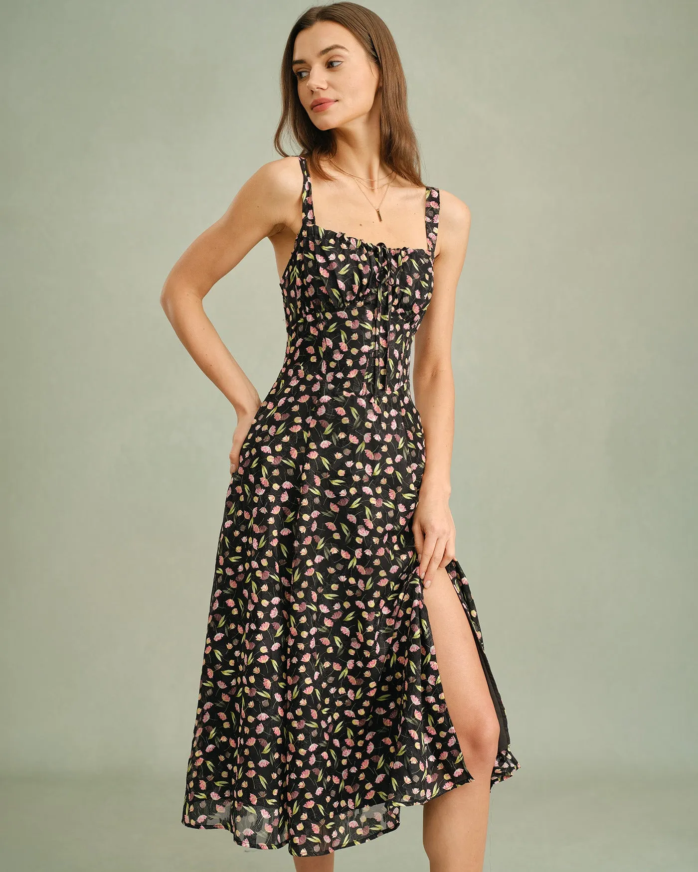 Black Floral Zipper Slip Midi Dress sold by rihoas product image thumbnail 3