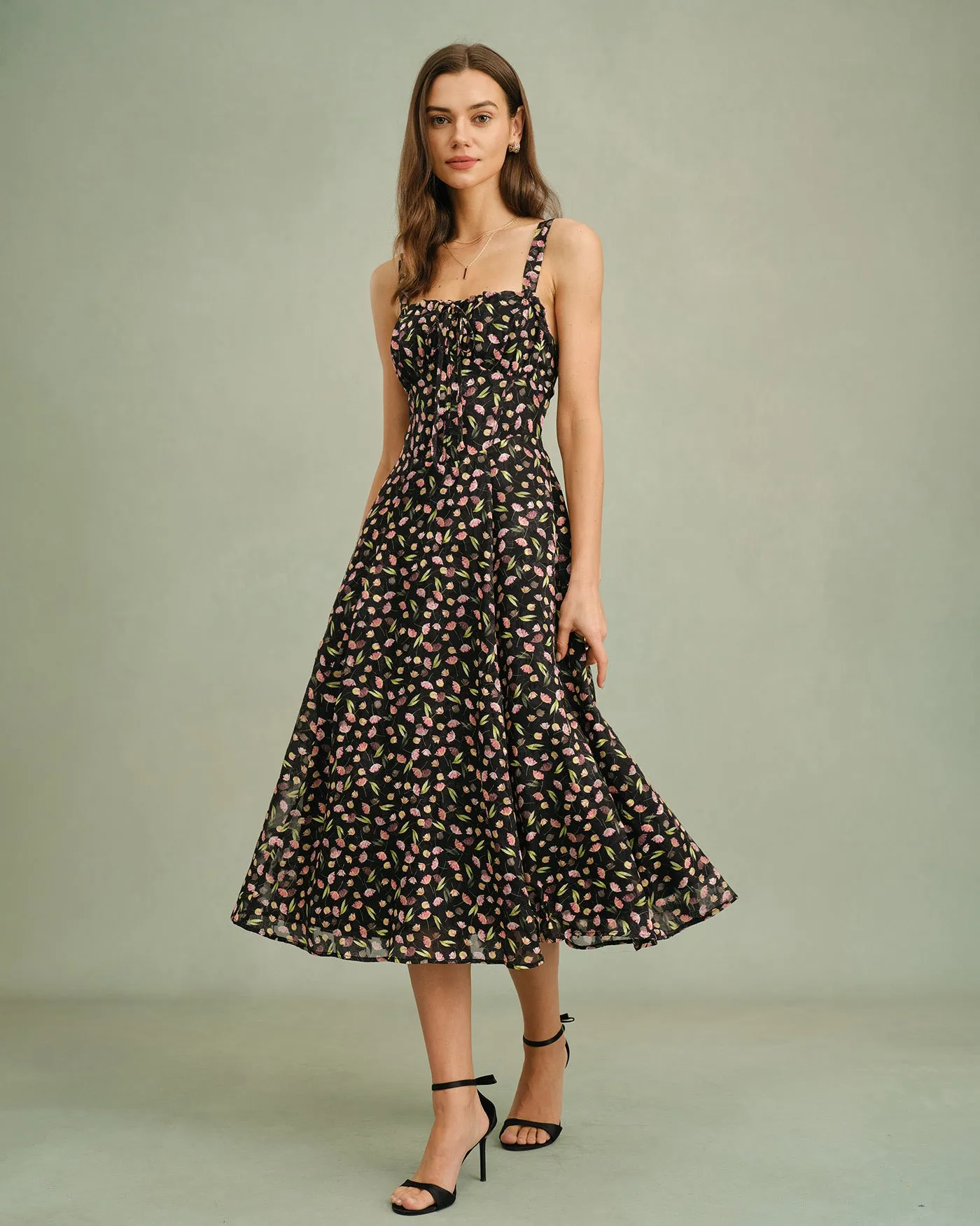Black Floral Zipper Slip Midi Dress sold by rihoas product image thumbnail 4