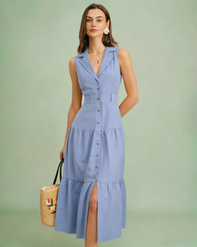 Blue V Neck Button Midi Dress made by rihoas
