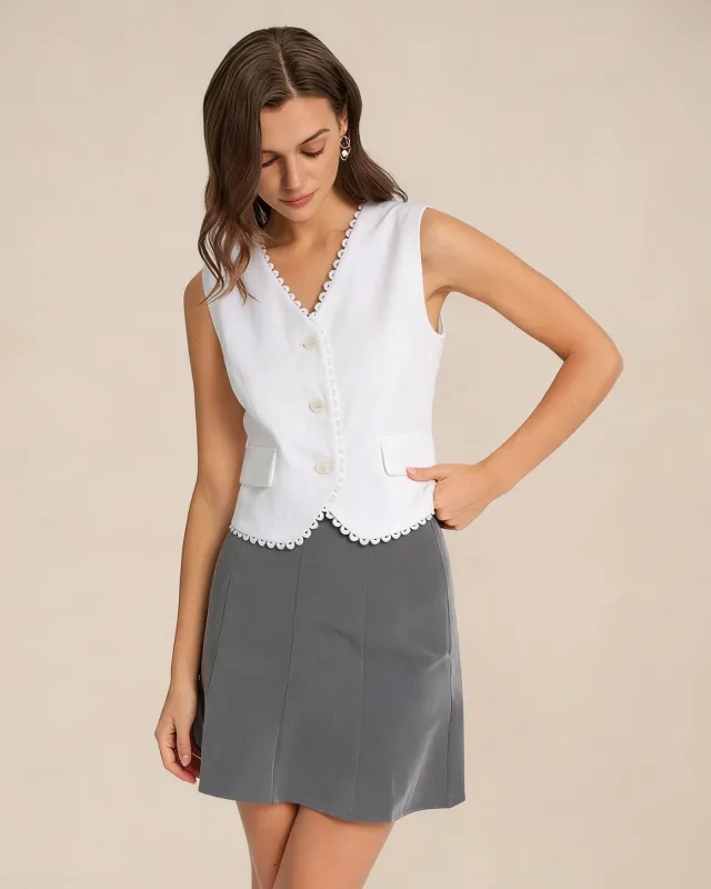 White V Neck Single Breasted Vest made by rihoas