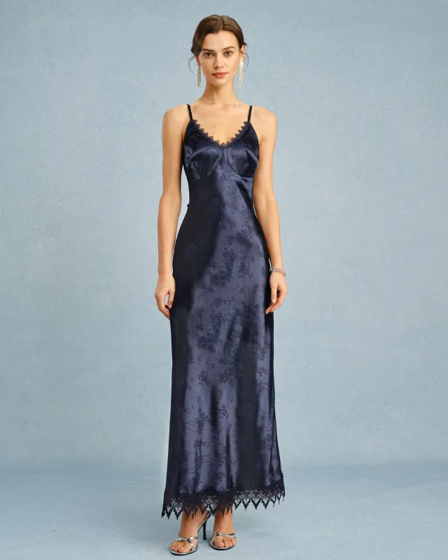 Navy Jacquard Lace Slip Maxi Dress made by rihoas