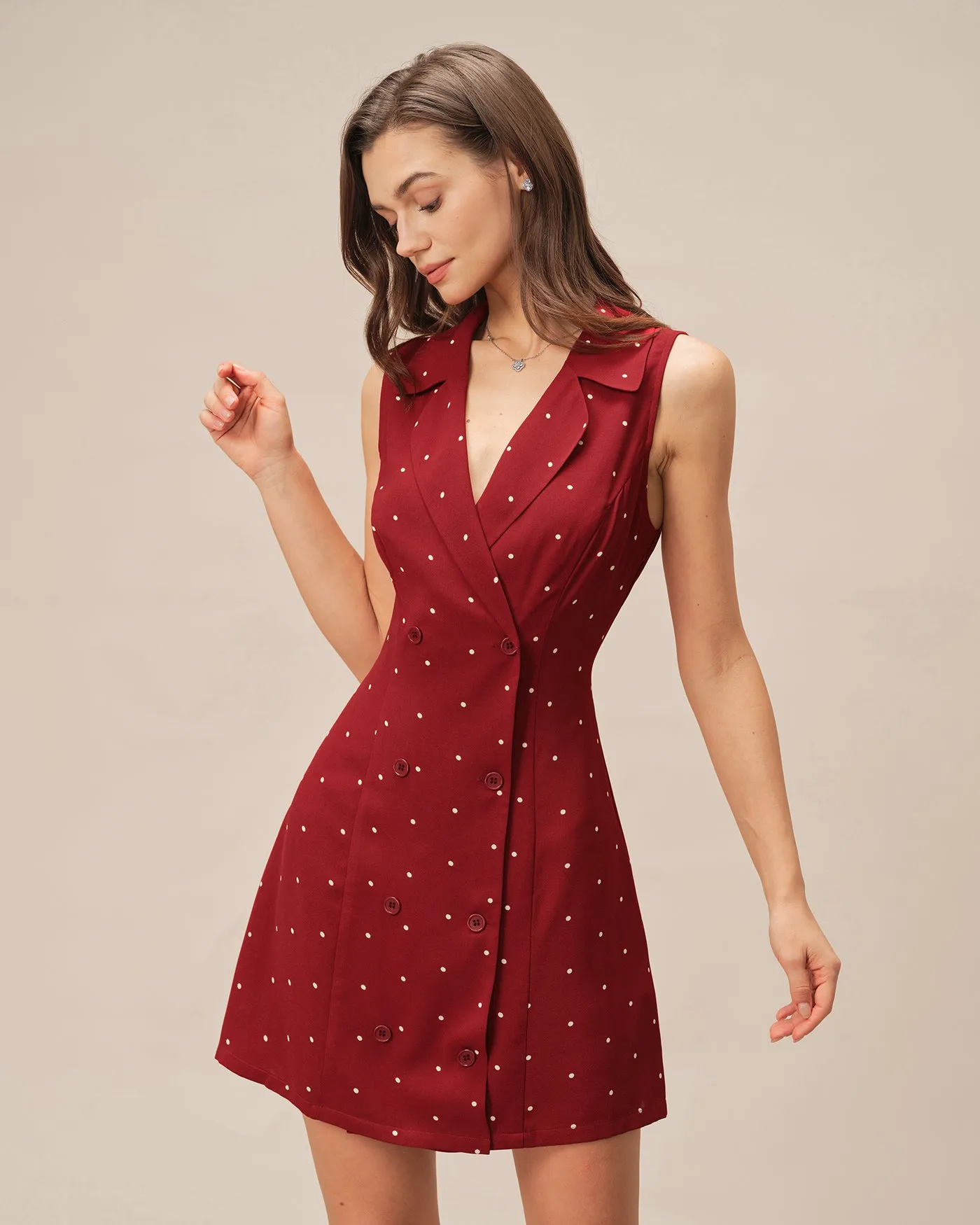 Red V Neck Polka Dot Mini Dress sold by rihoas product image thumbnail 4
