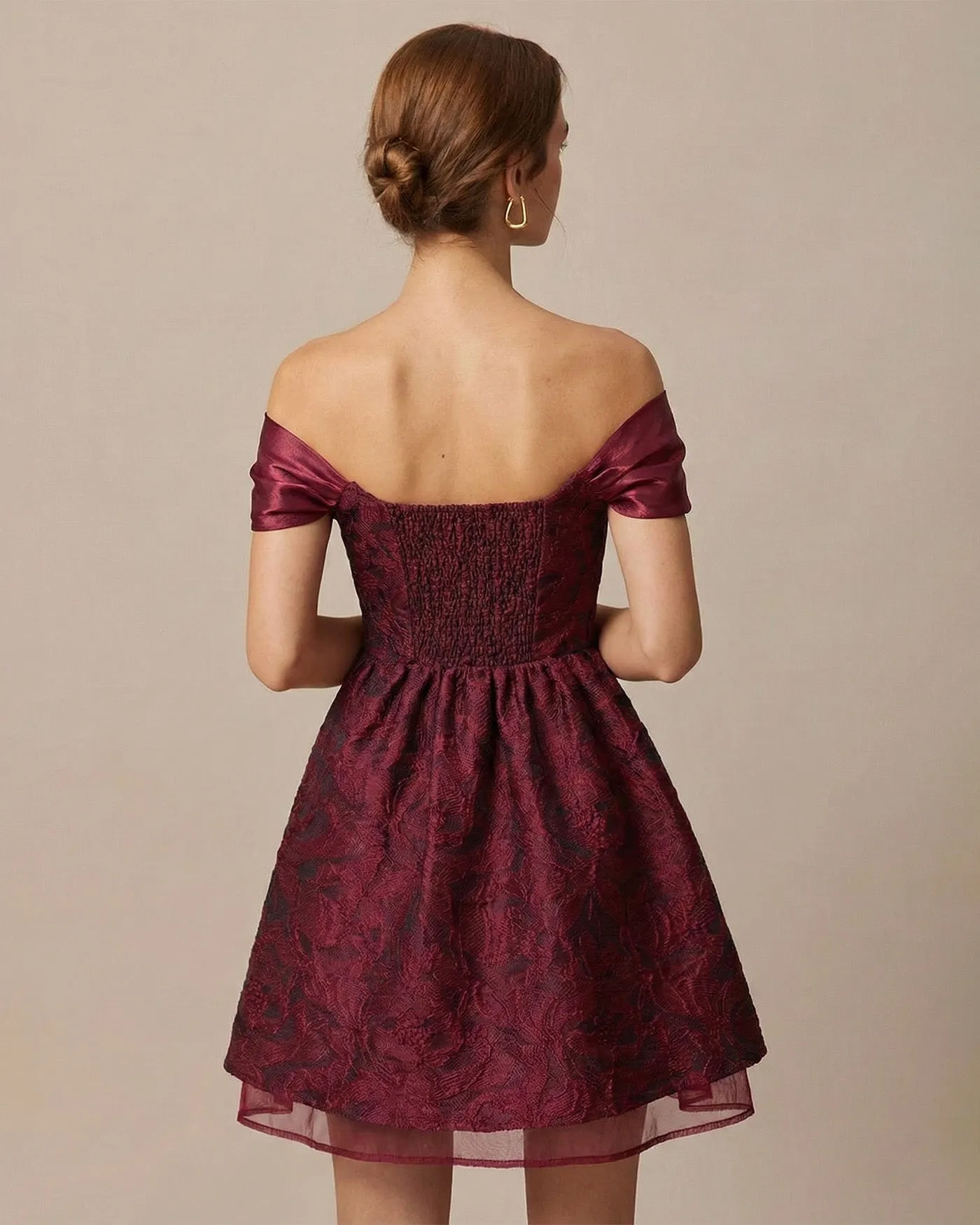 Red Jacquard Off The Shoulder Mini Dress sold by rihoas product image thumbnail 2