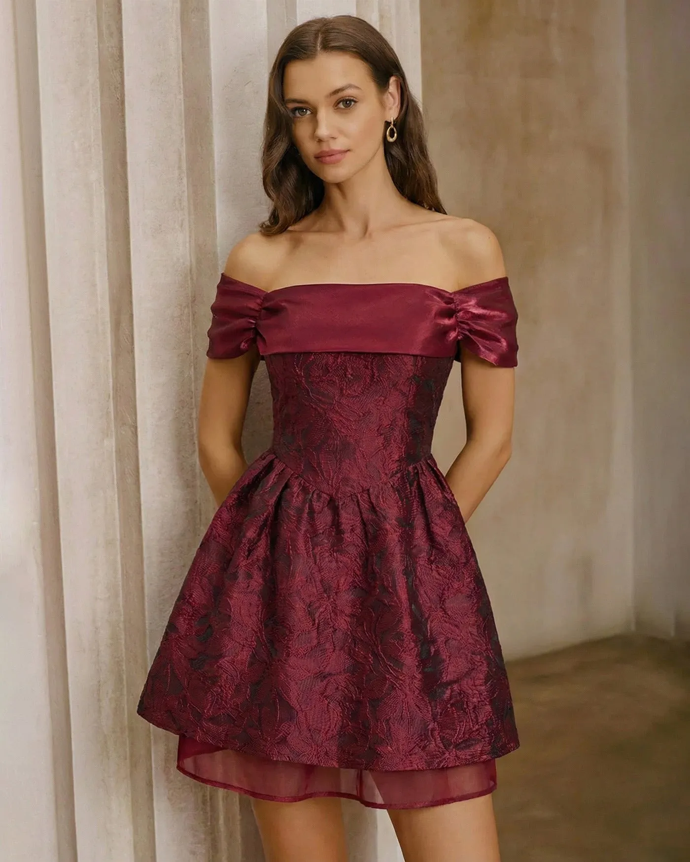 Red Jacquard Off The Shoulder Mini Dress sold by rihoas product image thumbnail 3