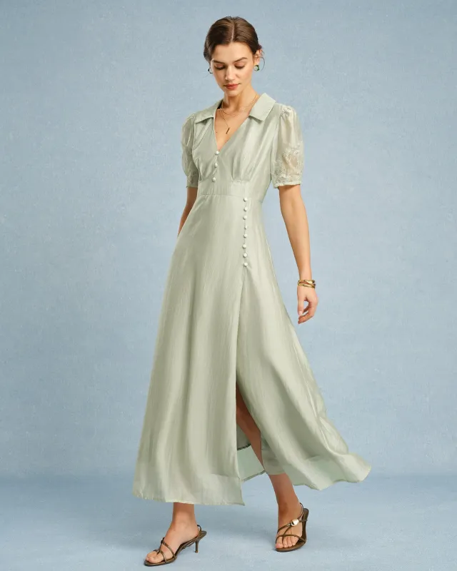 Green V Neck Button Maxi Dress made by rihoas