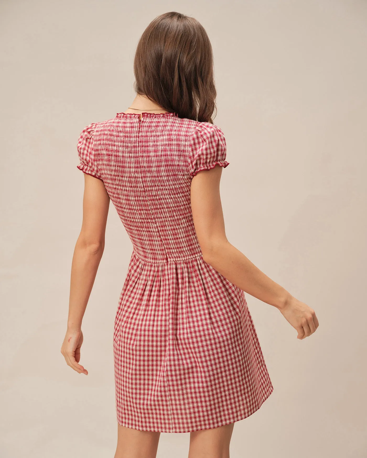 Red V Neck Plaid Mini Dress sold by rihoas product image thumbnail 3