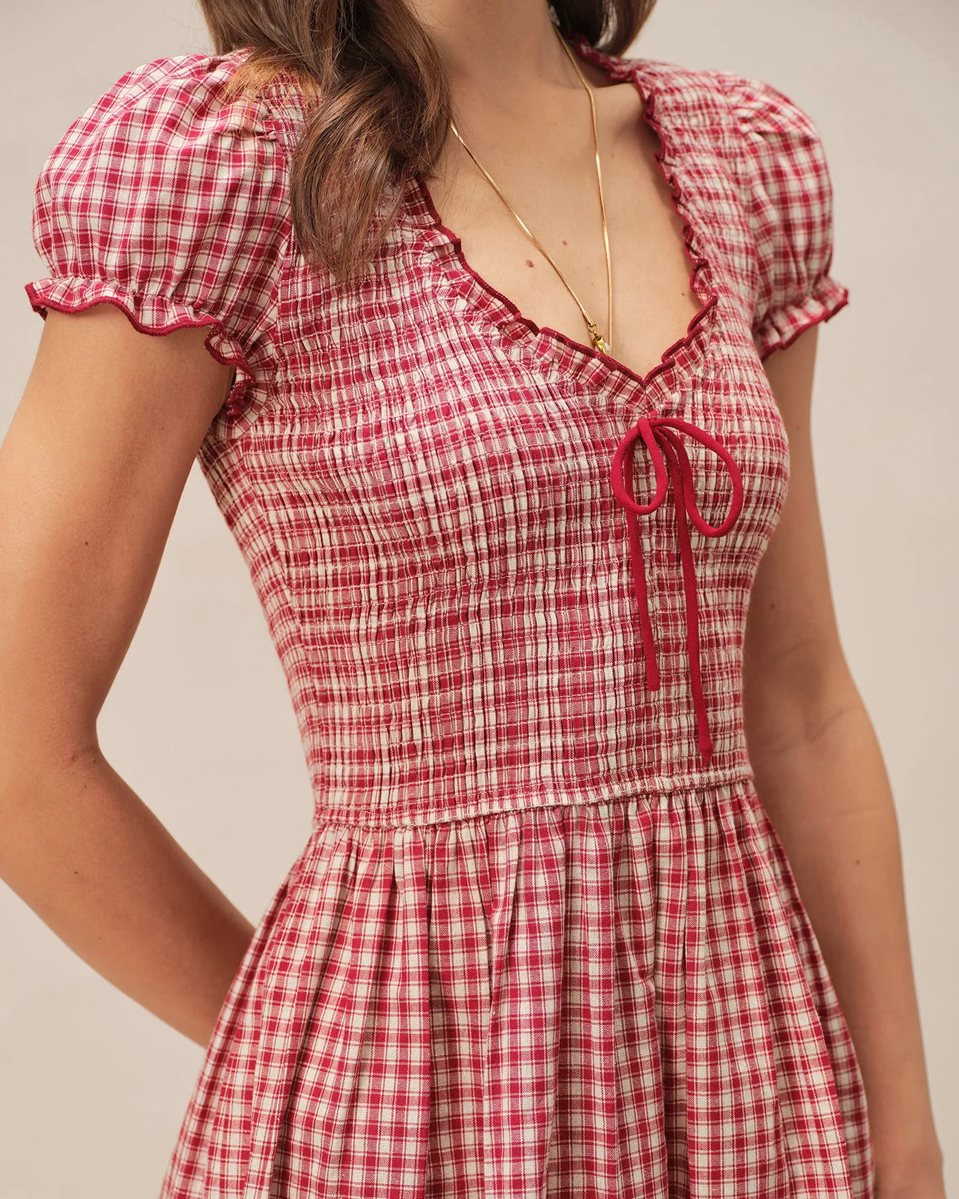 Red V Neck Plaid Mini Dress sold by rihoas product image thumbnail 2