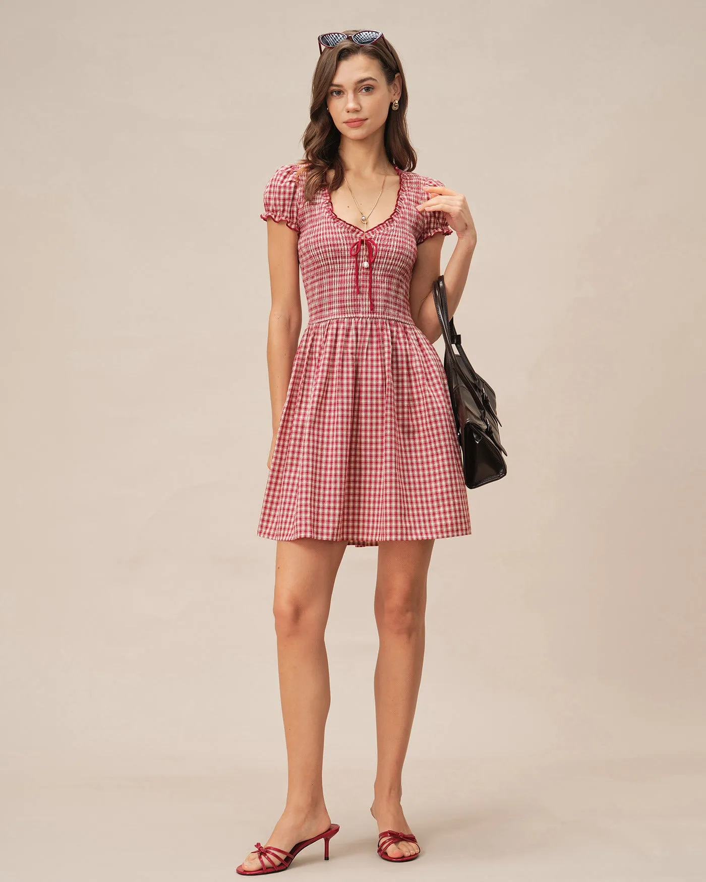 Red V Neck Plaid Mini Dress sold by rihoas product image thumbnail 4