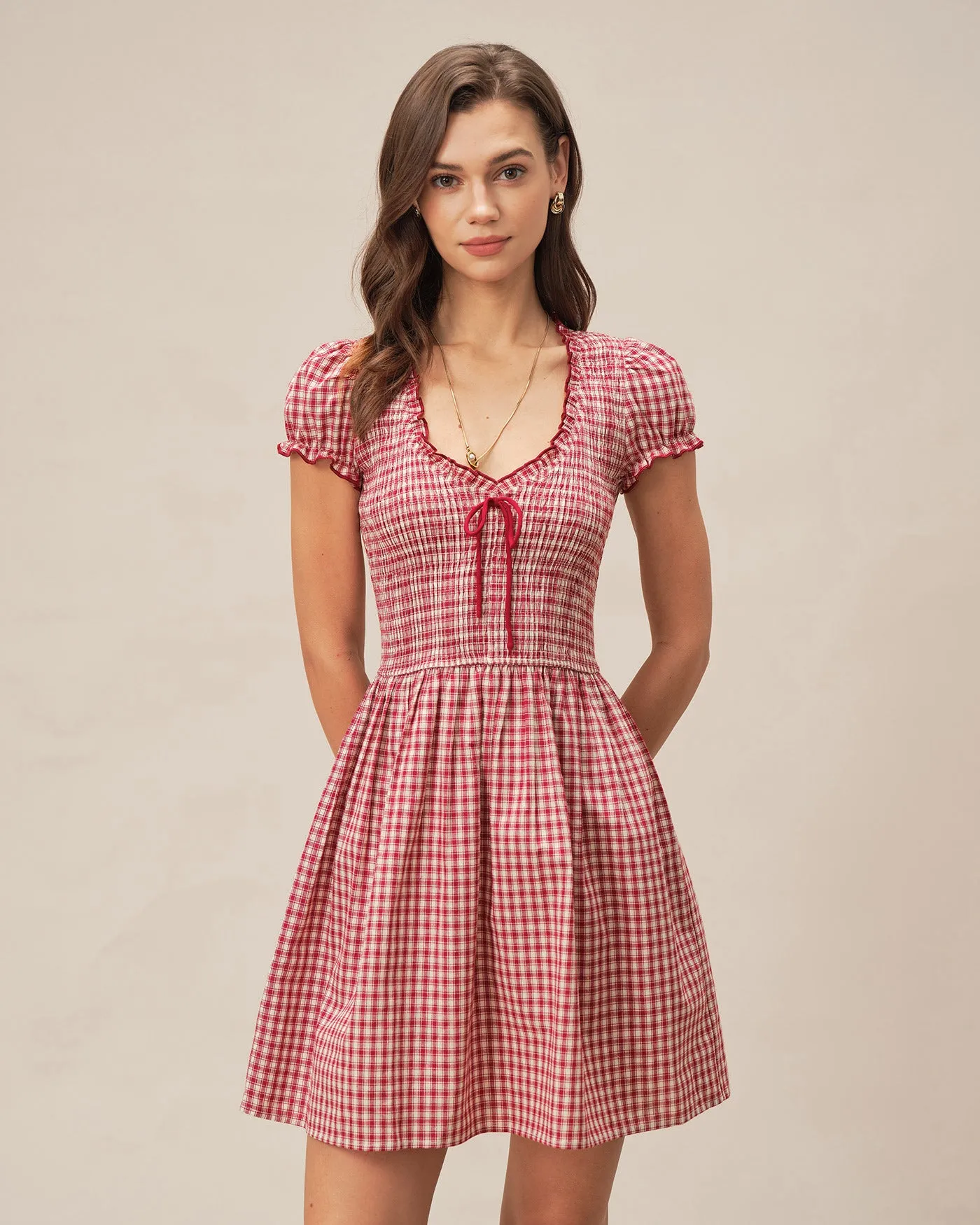 Red V Neck Plaid Mini Dress sold by rihoas