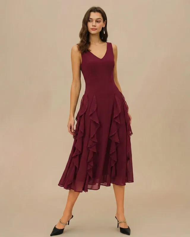 Red V Neck Ruffle Midi Dress sold by rihoas