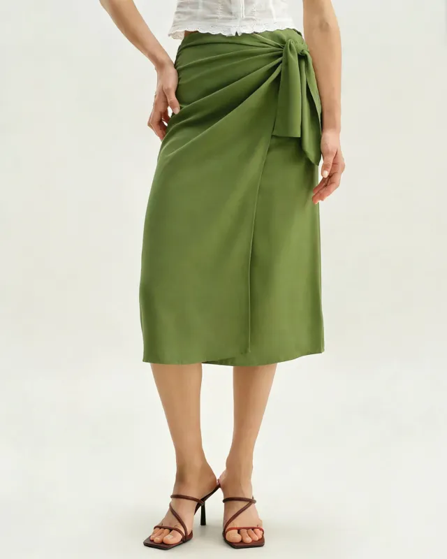 Green Solid Tie Midi Skirt made by rihoas