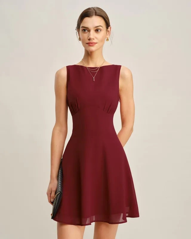Wine Red Boat Neck Pleated Mini Dress made by rihoas
