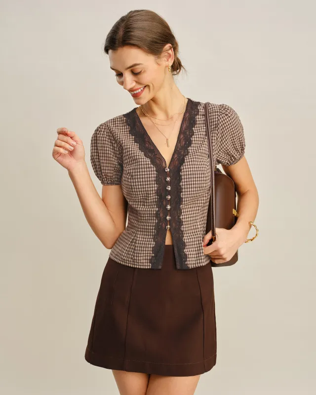 Brown V Neck Puffed Sleeve Plaid Blouse made by rihoas