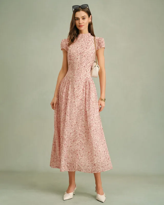 Pink Mock Neck Floral Maxi Dress sold by rihoas