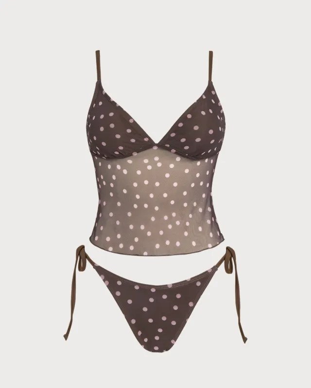 Coffee V Neck Polka Dot Tankini Set made by rihoas