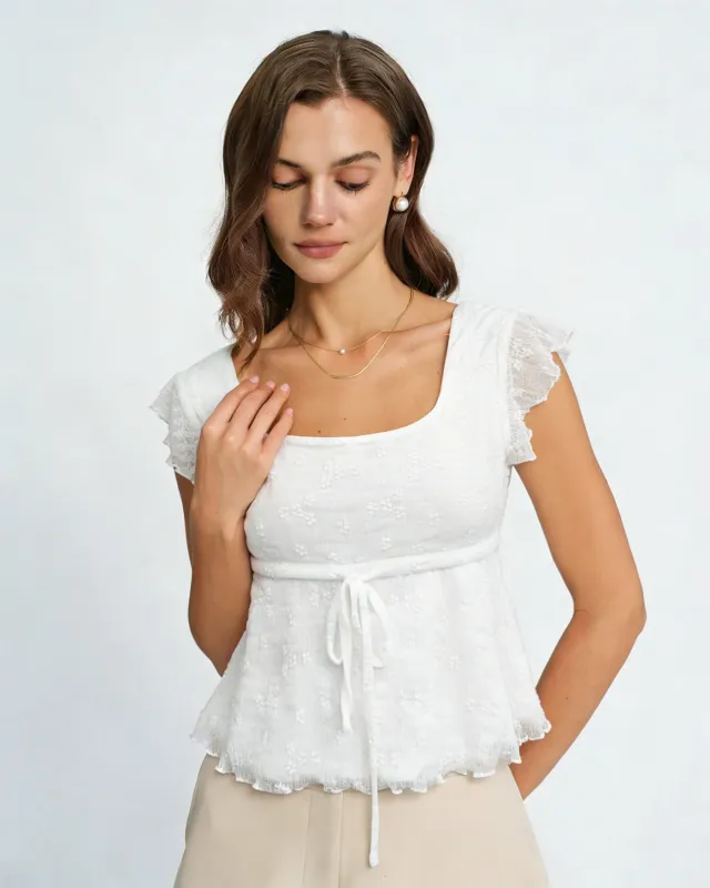 White Square Neck Textured Tee made by rihoas