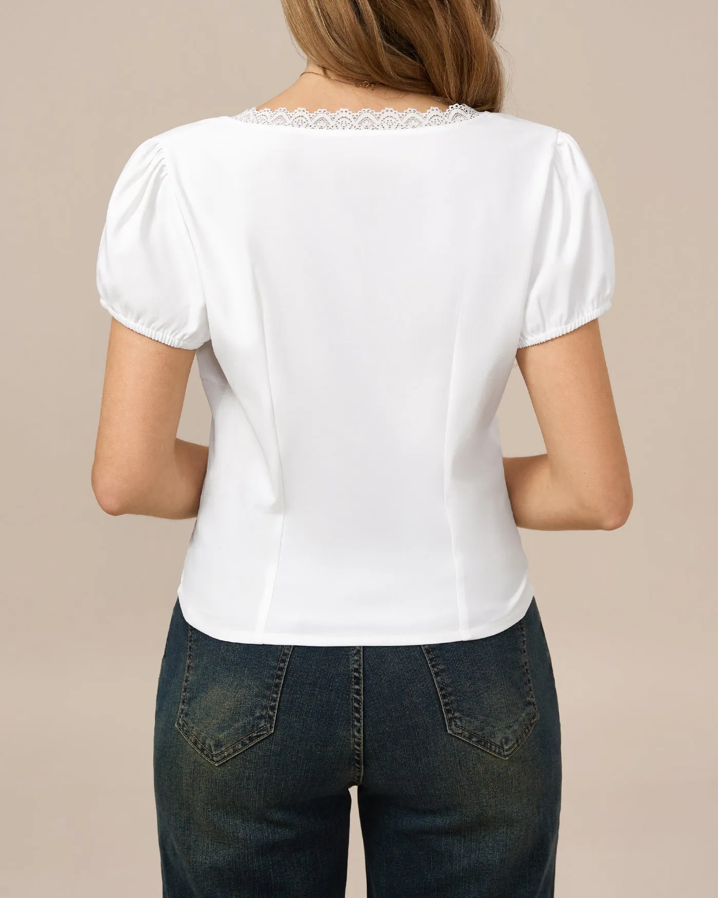 White V Neck Lace Splicing Tee sold by rihoas product image thumbnail 5