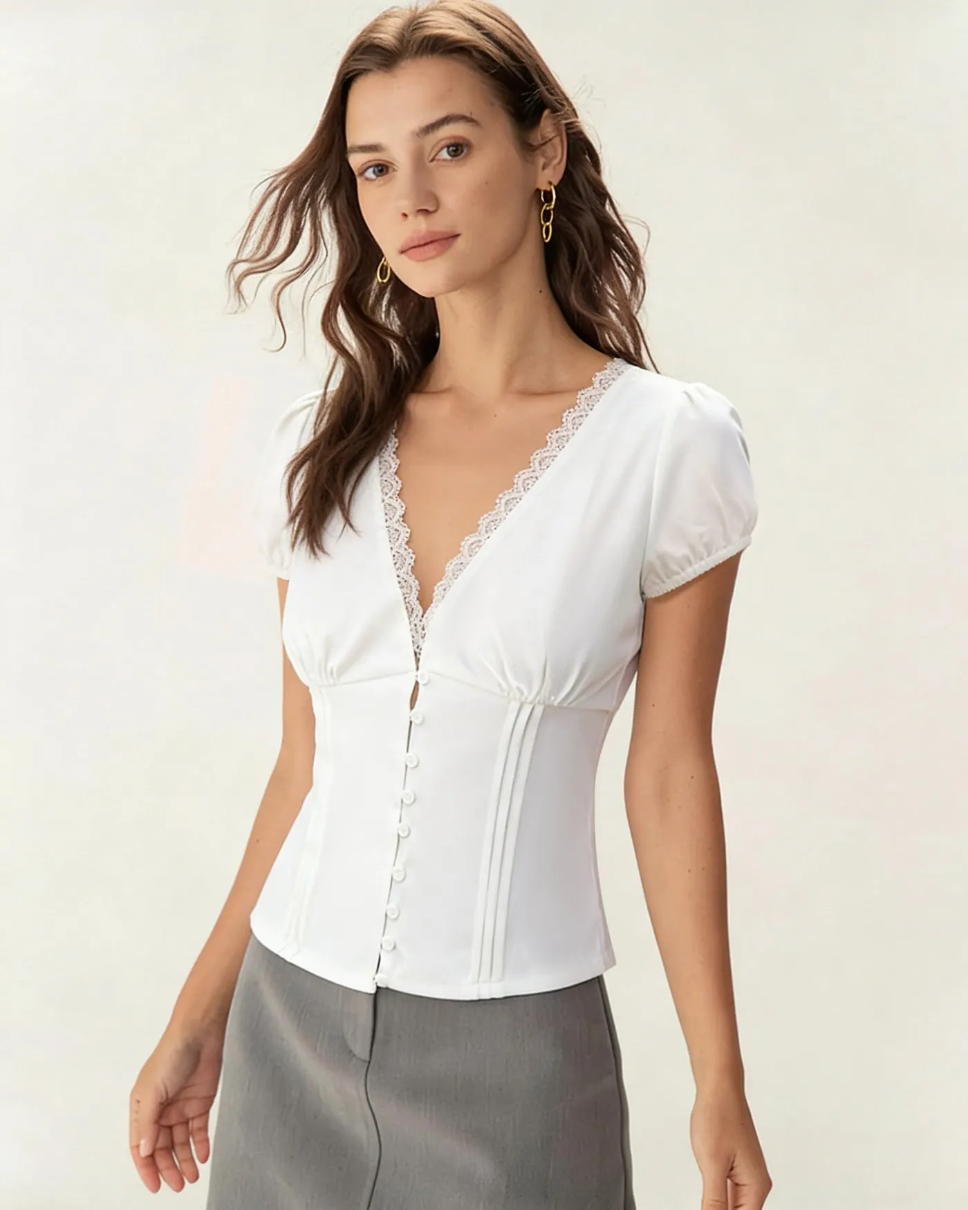 White V Neck Lace Splicing Tee sold by rihoas product image thumbnail 3