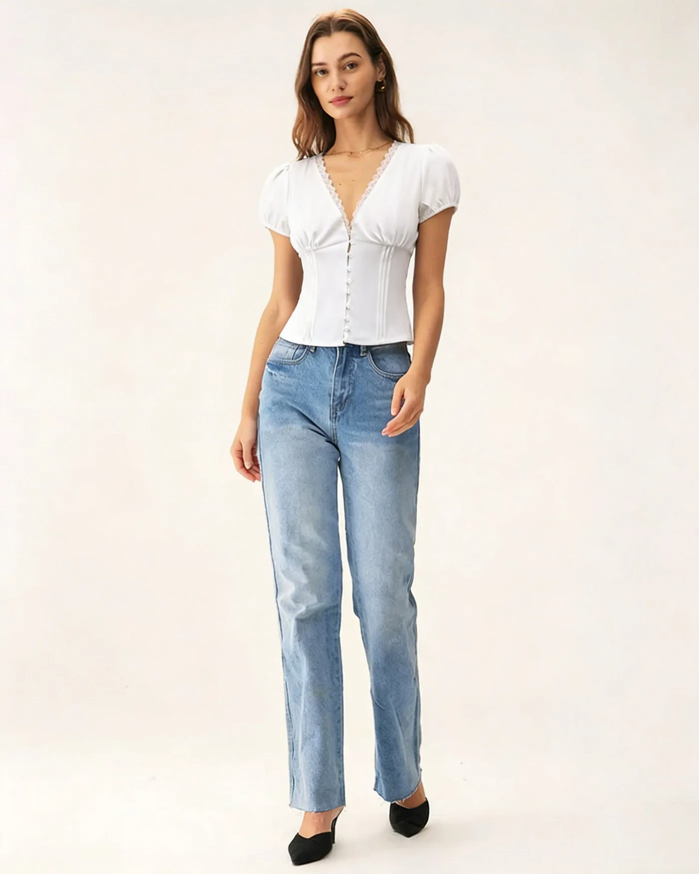 White V Neck Lace Splicing Tee sold by rihoas product image thumbnail 4