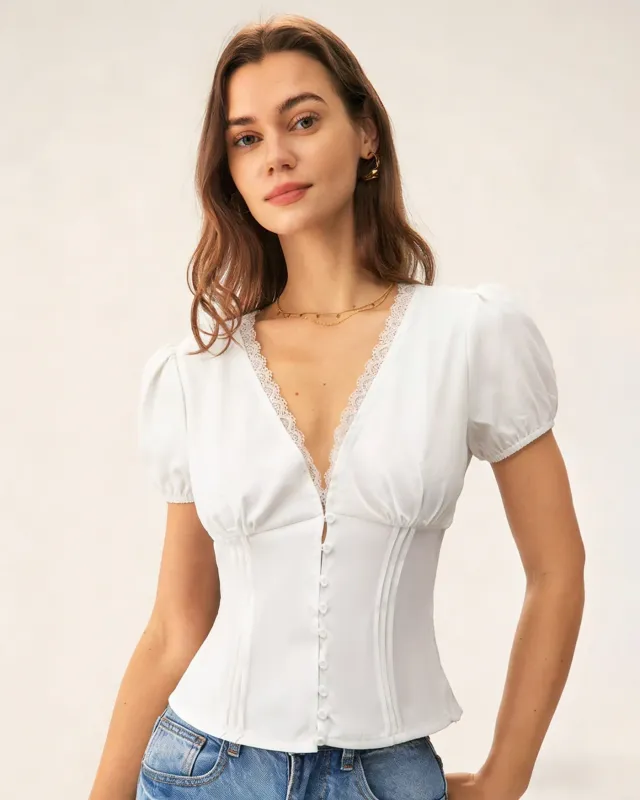 White V Neck Lace Splicing Tee made by rihoas