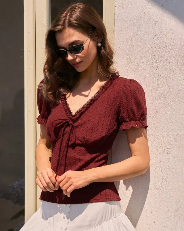 Wine Red V Neck Textured Tee made by rihoas