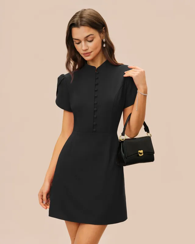 Black Mandarin Collar Petal Sleeve Mini Dress made by rihoas