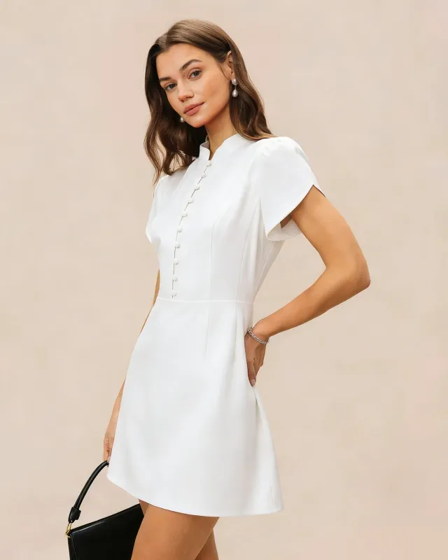 White Mandarin Collar Button Mini Dress made by rihoas
