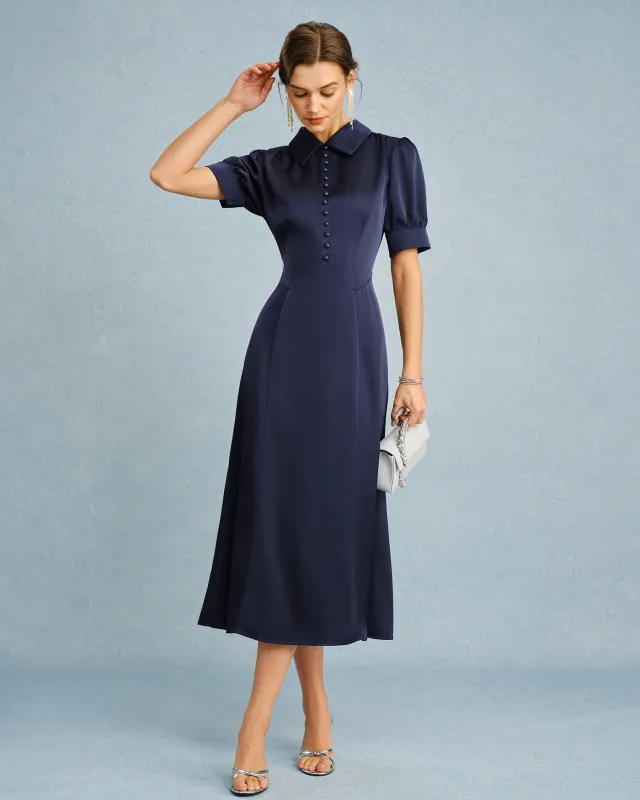 Navy Collar Puffed Sleeve Satin Midi Dress made by rihoas