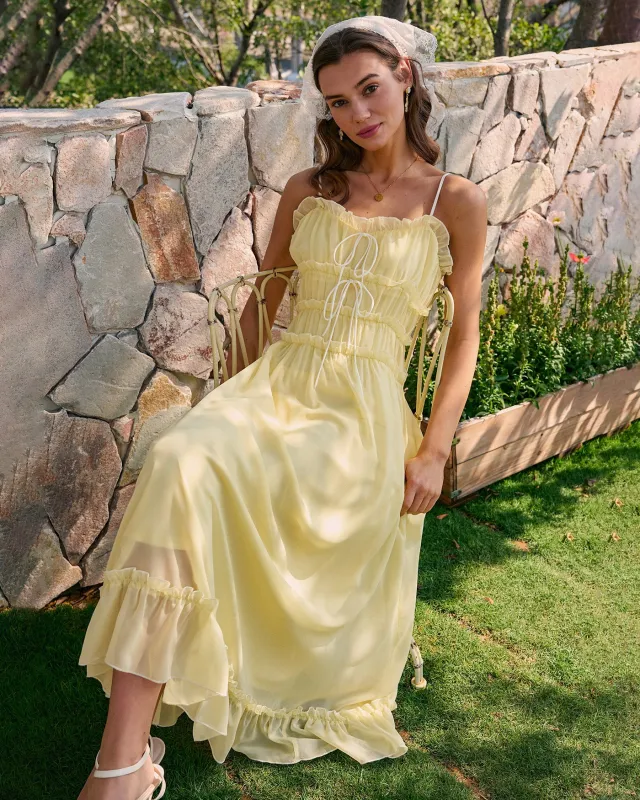 Yellow Sweetheart Neck Ruffle Midi Dress made by rihoas