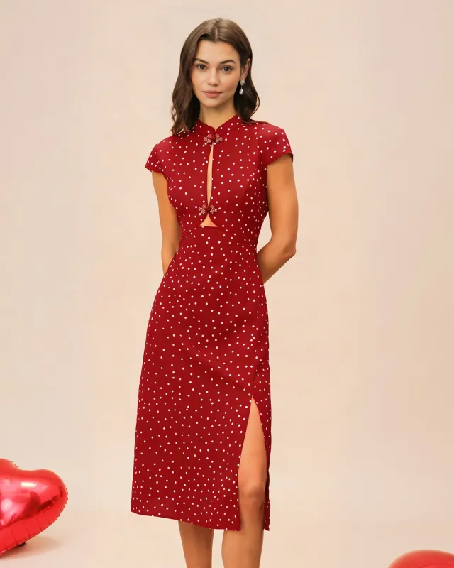 Red Mandarin Collar Polka Dot Midi Dress made by rihoas